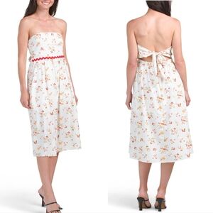 🤍🔹️Kali Fashions 🔹️poplin  Strapless Red Multi Midi Dress with Floral Accents